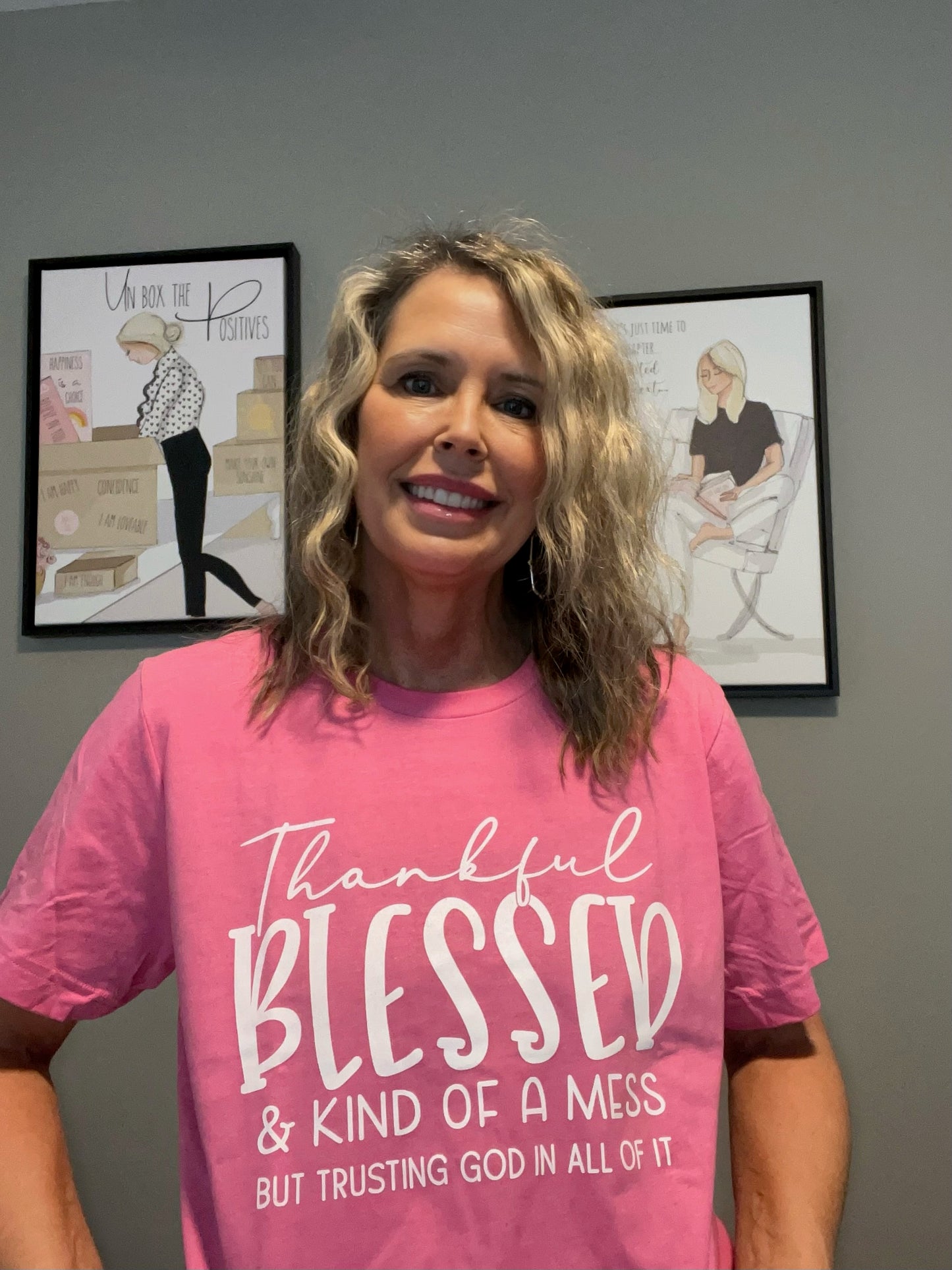 T-Shirt - Thankful Blessed & Kind of a Mess - Short Sleeve - Heather Pink