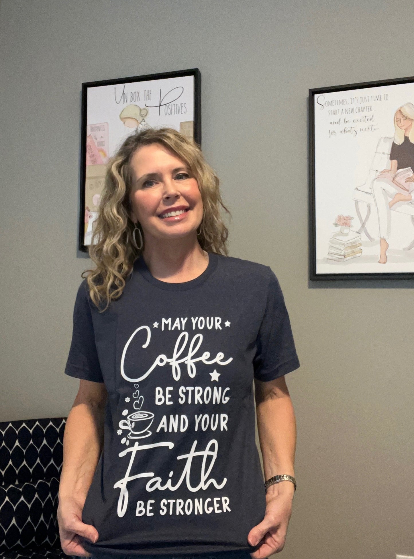 T-Shirt - Coffee Strong Faith Stronger - Short Sleeve - Heather Navy